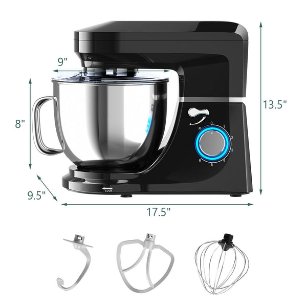 a black stand mixer with 3 attachments. A paddle, a dough hook and a whisk