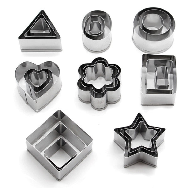 Cookie/biscuit cutters. 3 sizes for each of 8 different shapes. A triangle shapee, an oval shape, a round shape, a heart shape, a flower shape, a rectangular shape, a square shape and a star shape. 