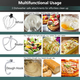 This is a chart showing different uses for each attachment. The whisk is used for whipping cream, beating eggs whites, etc.  The paddle beater is used for light dough, and cake batters. The dough hook is used for making bread and other heavy doughs.