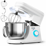 a white stand mixer with 3 attachments. A paddle, a dough hook and a whisk