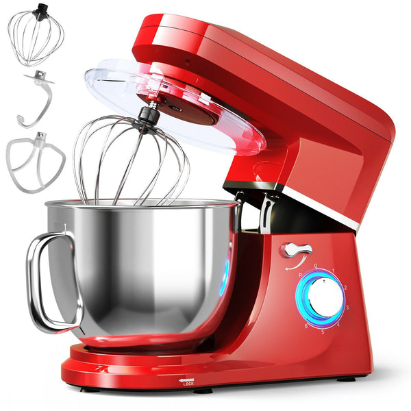 a red stand mixer with 3 attachments. A paddle, a dough hook and a whisk